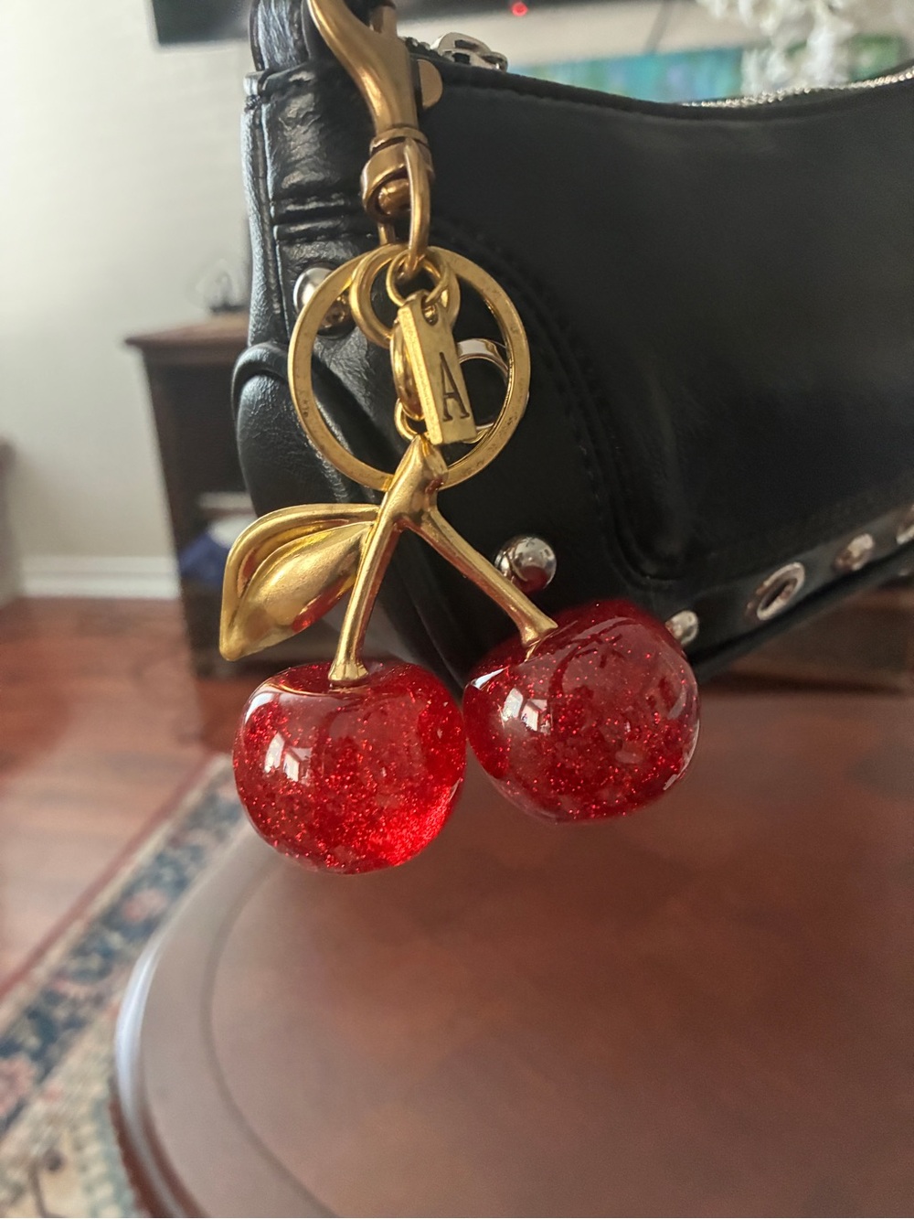 Cherry Keychain Hand Bag Purse Charm Red Glitter Cherries Gold Leaf NWOT NICE!